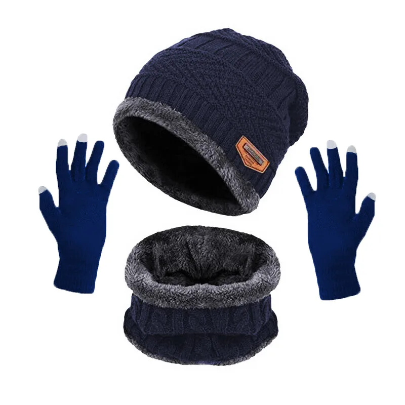 Unisex Beanies Hat Ring Scarf Gloves Set Winter Knitted Thick Warm  Women Men Solid Retro Beanie Hat Soft Touch Screen Gloves