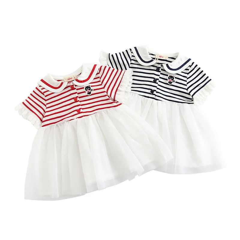 

Little Girls Dresses Summer Short Striped Red Navy Cotton Toddler Girl Skirt Sweet Above Knee Dress Clothes
