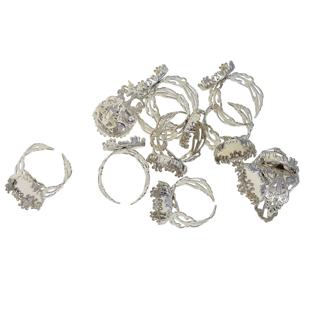 10 Pieces silver color Blank Round Crown 15mm Cabochon Bezel Base Settings Adjustable Filigree Ring for Jewelry Making