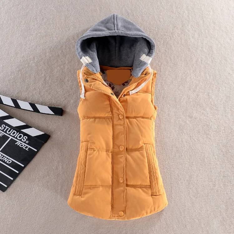 Женский жилет размера плюс 4xl, зимняя куртка с карманами, пальто с капюшоном, теплый повседневный жилет с хлопковой подкладкой, женский тонкий жилет без рукавов, ткань - Цвет: Цвет: желтый