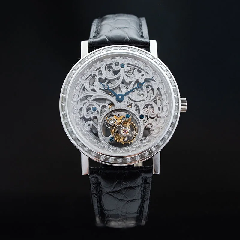 Модные полностью скелетные настоящие турбийон механические часы для мужчин s сапфировое стекло алмаз ST8000K часы для мужчин Турбийон роскошные часы - Цвет: Silver