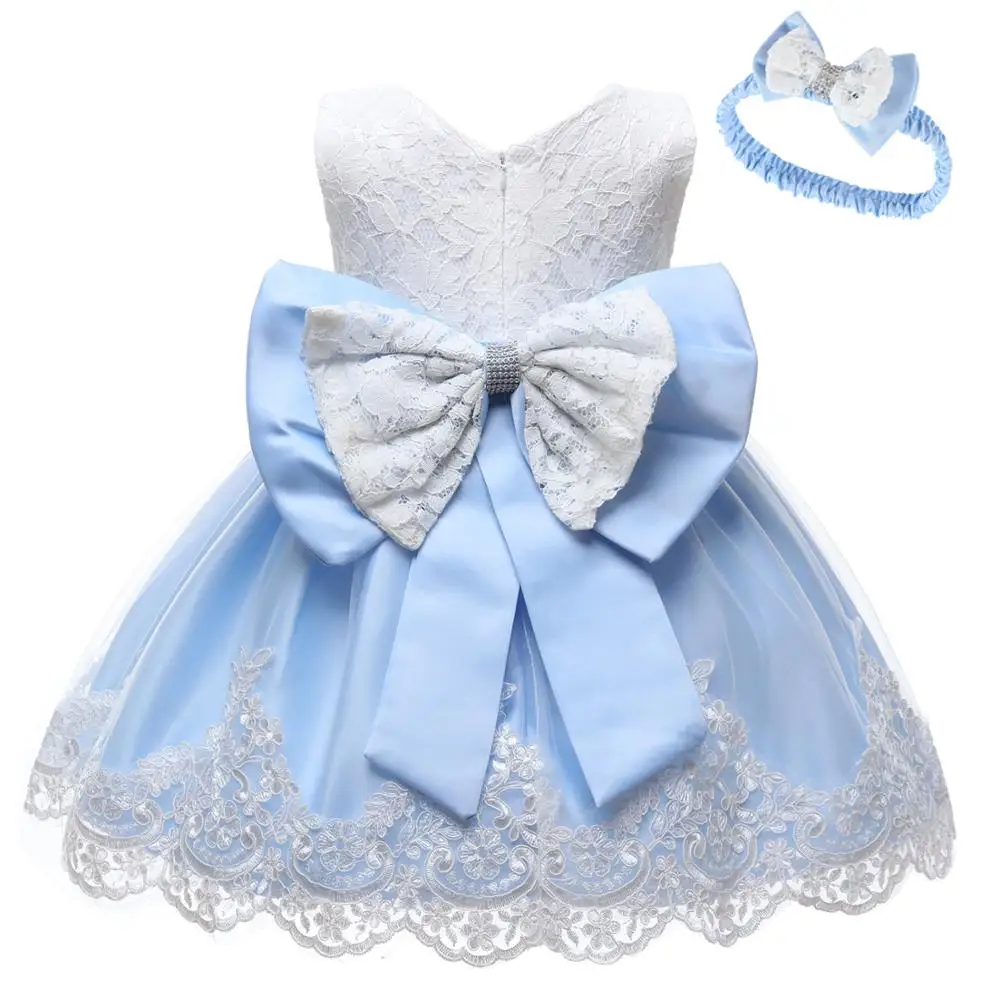 Платье для маленьких девочек; кружевное платье-пачка с большим бантом для девочек; платья для первого дня рождения; вечерние платья принцессы с цветочным рисунком для малышей; Платья для новорожденных - Цвет: SkyBlue