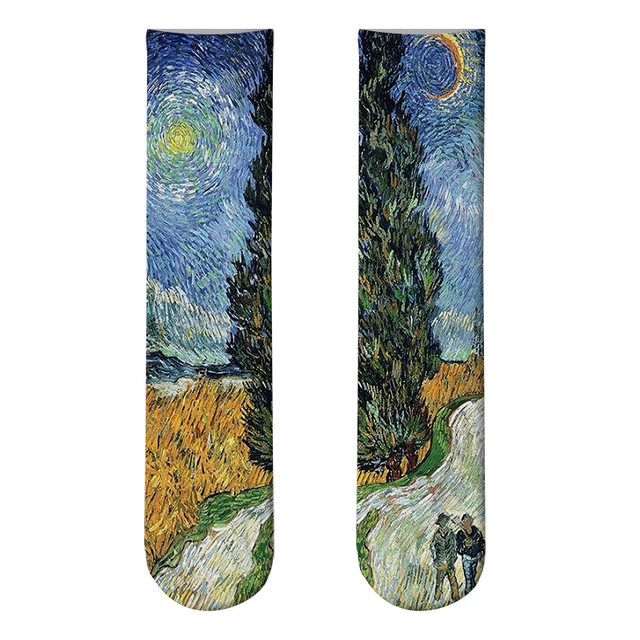 Mona Lisa Retro Printed Art Socks For Unisex Fashion Funny Famous Painting Long Socks Van Gogh Starry Night Women Cotton Socks Style10