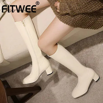 

FITWEE New Fashion Women Knee Boots Square Toe Thick Heel Zipper Ridding Boots Outdoor Winter Shoes Footwear Size 31-46