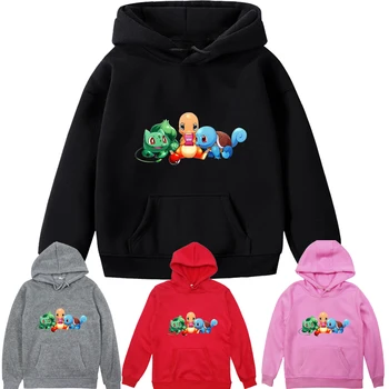 

Pokemon Charmander Velvet Hoodies Hooded Sportswear Tops for Children New Bulbasaur Squirtle Boys Girls Children Sweatshirts