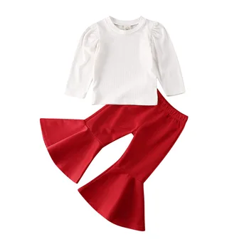 

Girl Outfits Child Baby Kids Clothes Set 1-6Y Winter Toddler O Neck Knitted Long Sleeve Top Red Flared Pants Clothing 2PCs