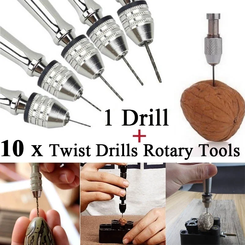 Creative Mini Micro Aluminum Hand Drill With Keyless Chuck +10 X Twist Drills Rotary Tools | Инструменты