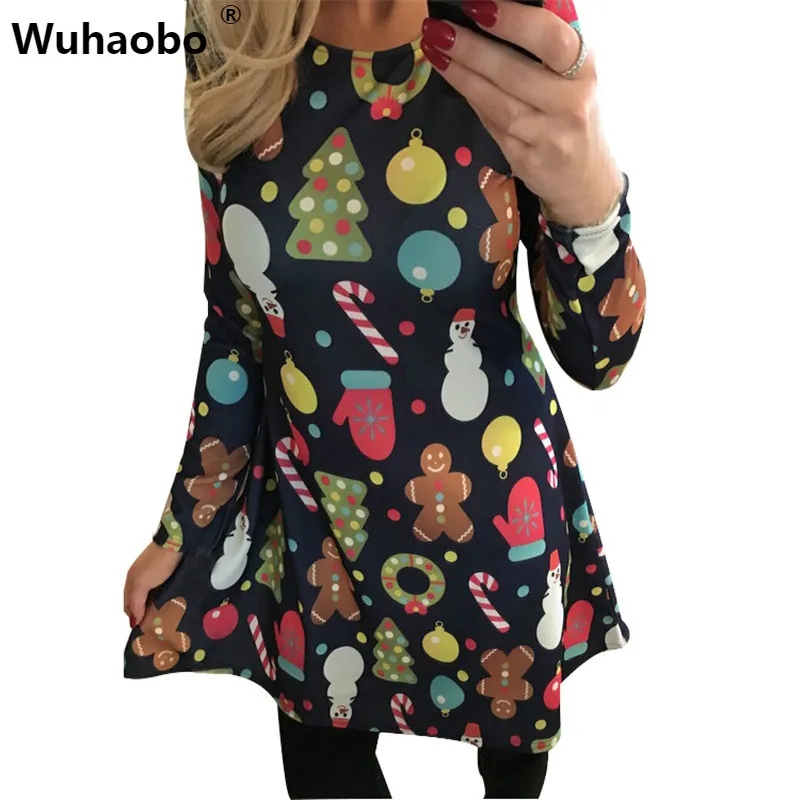 

Wuhaobo Large Sizes Autumn Dresses Women Casual Long Sleeve Cute Christmas Tree Snowman Loose Plus Size Dress Vestidos 4XL 5XL