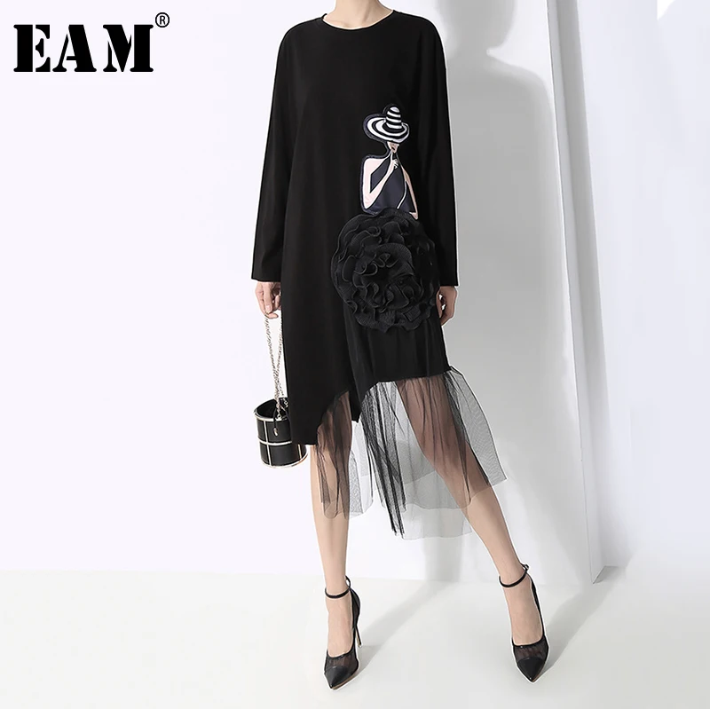 

[EAM] Women Mesh Spliced Print Asymmetric Dress New Round Neck Long Sleeve Loose Fit Fashion Tide Spring Autumn 2019 1B253