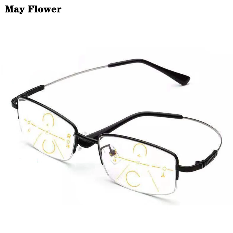 

May Flower Titanium Alloy Multifocal Reading Glasses Progressive Half Frame Prescription Eyeglasses Anti-Blue Glass Frame Men +4