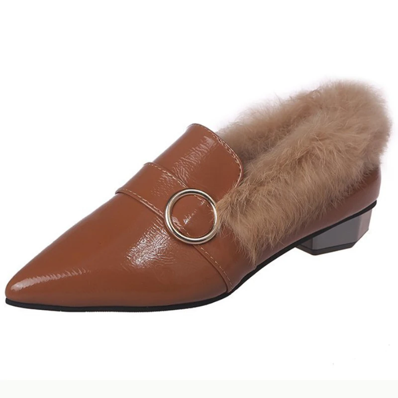 

XZ0110 Autumn Winter Women Rabbit Fur Pumps Sexy Pointed Toe Patent Leather Low Heels Shoes Lady Comfort Thick Heels Women Shoes