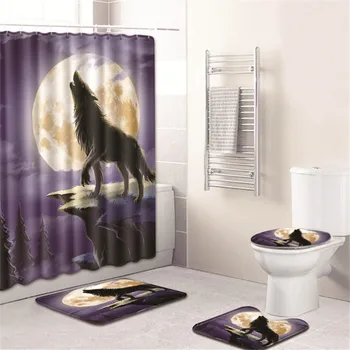 

Modern Decor Wolf Bathroom Set with Shower Curtain and Rugs 4pcs/set Flannel Non-slip Bath Mat Rug Bathroom Accosories Set