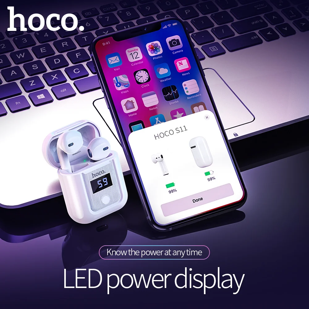 HOCO [Рекомендуемые] S11 беспроводные Bluetooth V5.0 наушники Близнецы гарнитура с светодиодный дисплей зарядная коробка Handsfree стерео музыкальные наушники