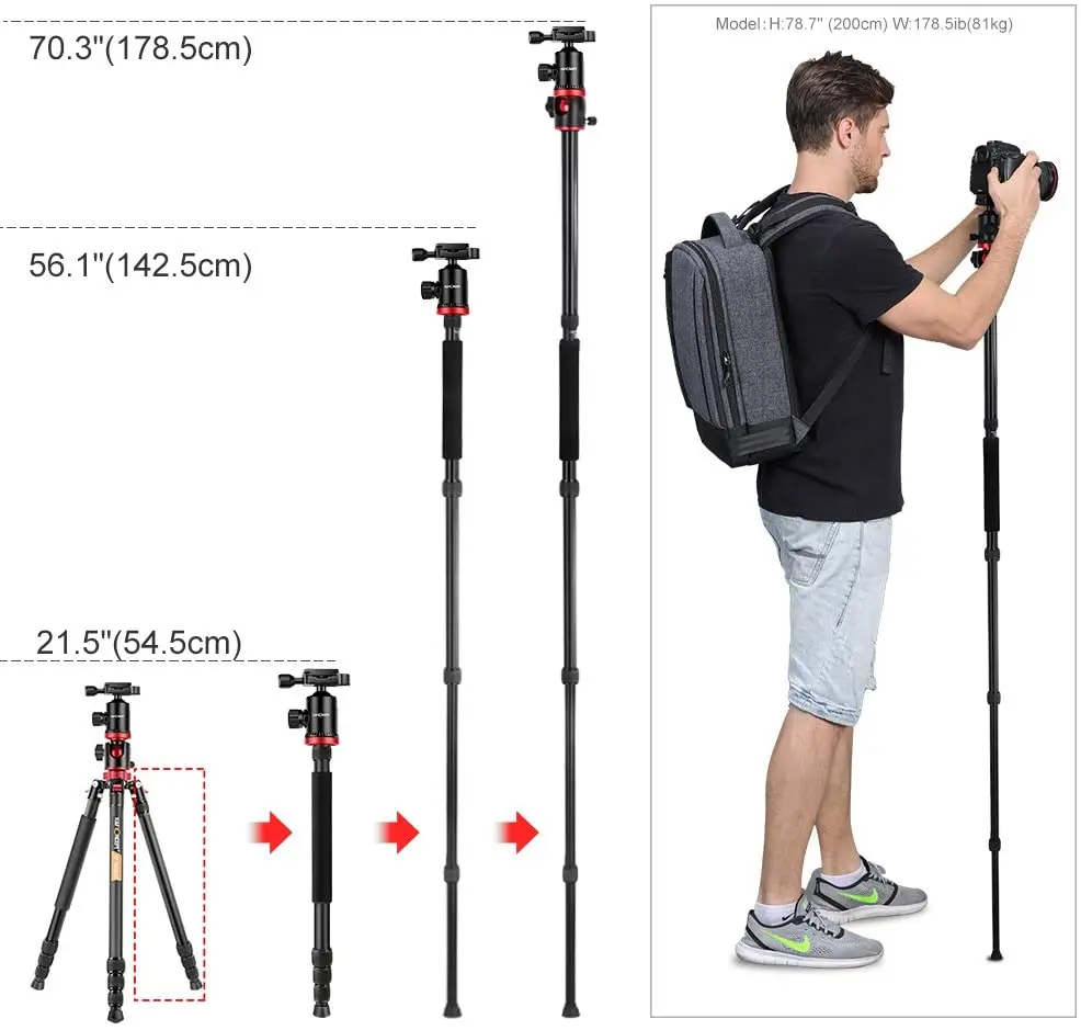 K&F CONCEPT Camera Tripod Professional 180' Foldable Lightweight Tripod with Ball Head and Carrying Bag for DSLR SLR Camera