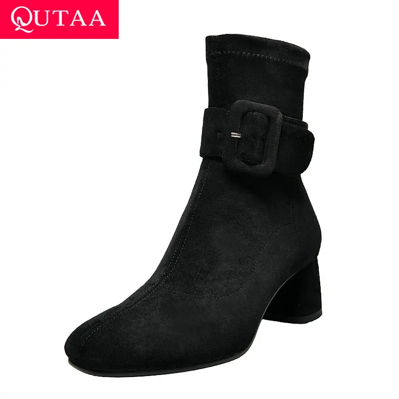 

QUTAA 2020 Buckle Winter Zipper New Autumn Pointed Toe Ankle Boots PU+Leather Elegant Square Med Heel Women Shoes Size 34-39
