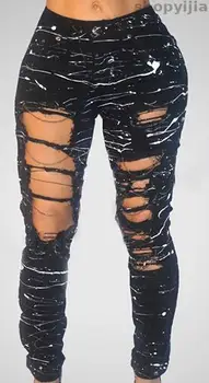 

New Mid-waist Hole Chain Jeans Trousers Stretch Jeans Ripped Jeans for Women Paint Pants Skinny Destroyed Pants Hole