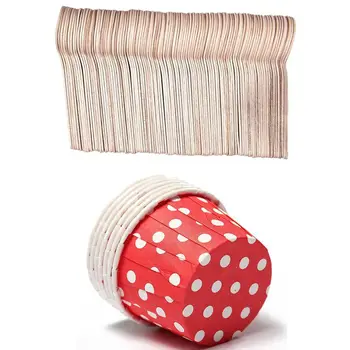 

100X Paper Cupcake Liner Muffin Baking Cups Color: Red Dot: 3.8cmx3cmx5cm with 100Pcs Disposable Wooden Spoon