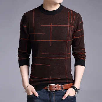 

2020 Men's Autumn New Casual round Neck Plaid Sweater Long Sleeve Youth Thin Color Matching Knit Low Waist Jersey
