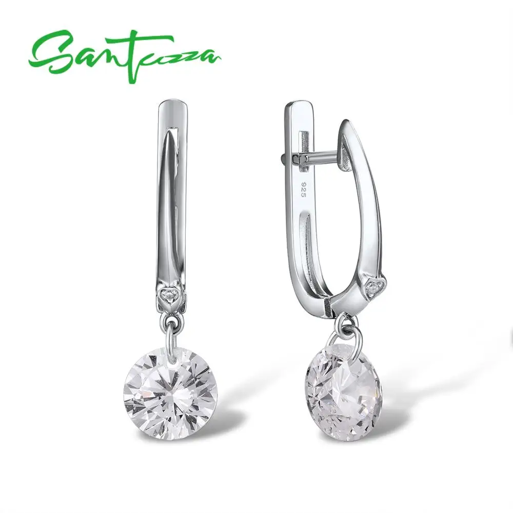 Женские серебряные сережки SANTUZZA, из чистого серебра 925 пробы, сверкающие серьги с белым кубическим цирконием, Потрясающие ювелирные украшения|Серьги|   | АлиЭкспресс