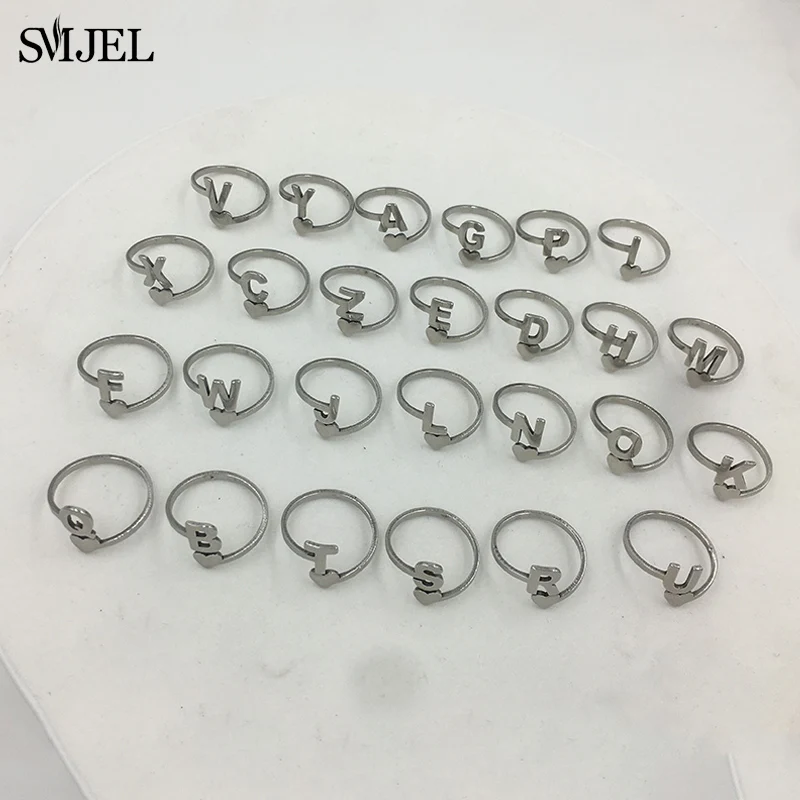 SMJEL Tiny Heart A-Z Letter Rings Adjustable Stainless Steel Opening Ring Initials Name Alphabet Female Party Trendy Jewelry finger ring stainless steel ring adjustable rings opening ring sparkling heart ring