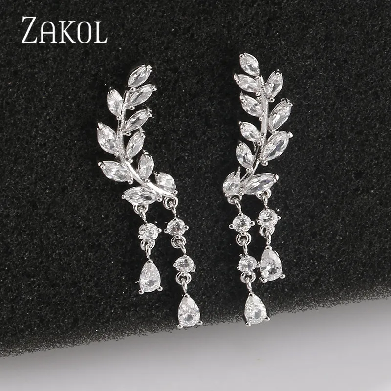 ZAKOL горячая Распродажа Модные CZ Кристалл Цирконий лист длинные висячие серьги