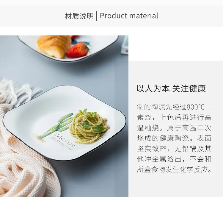 Creative Household Square Ceramic Plate Simple Creative Household Plate Heated Textured Cactus Square Plate