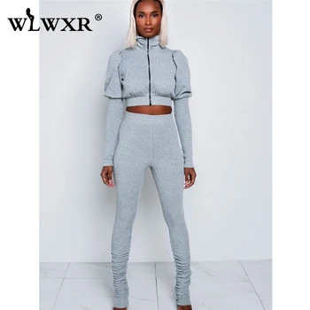 

WLWXR Ribbed Knitted Two Piece Set Women Suit Crop Top and Pants Female Ladies Tracksuits Black Women Sweat Suits Matching Sets
