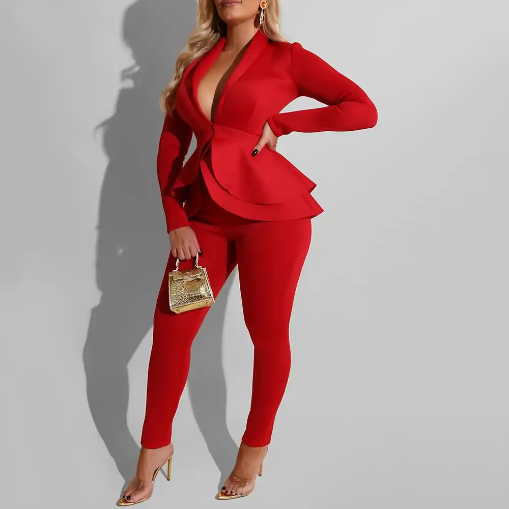 Womens Two Piece Outfits-Sexy V Neck Blazer with Skinny Long Pants Slim Fit Ruffle Pelplum Business Suit Sets