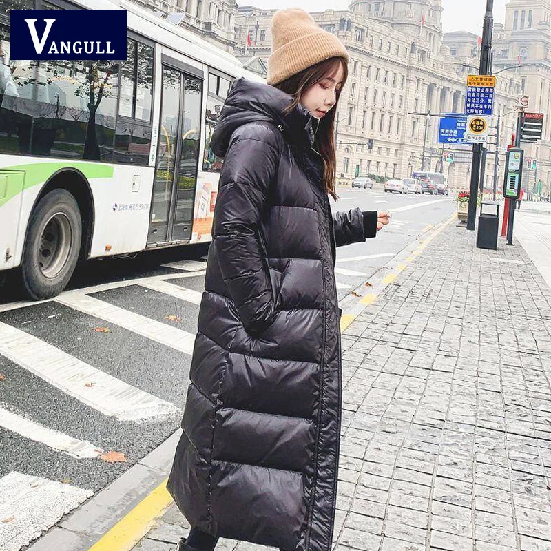 Tanie Vangull błyszczący dół bawełny kurtka watowana zimowe ciepłe długie płaszcze z kapturem 2019 jesień stałe zagęścić błyszczące kobiety odzież wierzchnia