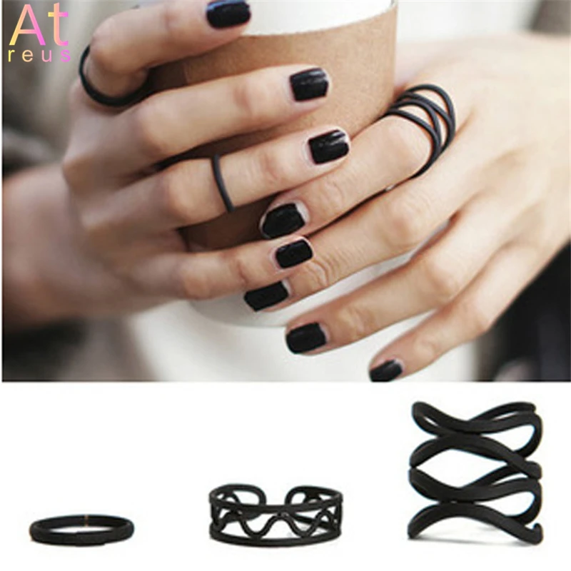 

3PC Womens Punk Black Plain Above Knuckle Ring Midi Finger Tip Rings Set Girl Fashion Women Geometric Adjustable Open Rings