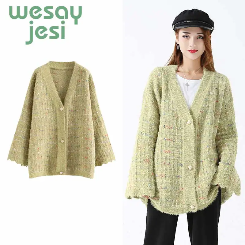 

2019 Women Oversized Solid Korean Sweater Cardigans full-Sleeve bright Knitted coat Open Stitch Spring Coat Warm Knitte Outwear
