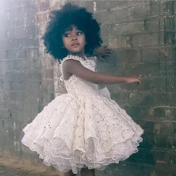 

Lovely Flower Girls Dresses Ruffles Beads Spaghetti Strap Lace Appliques Birthday Dresses Knee Length Cute Girls Pageant Gown