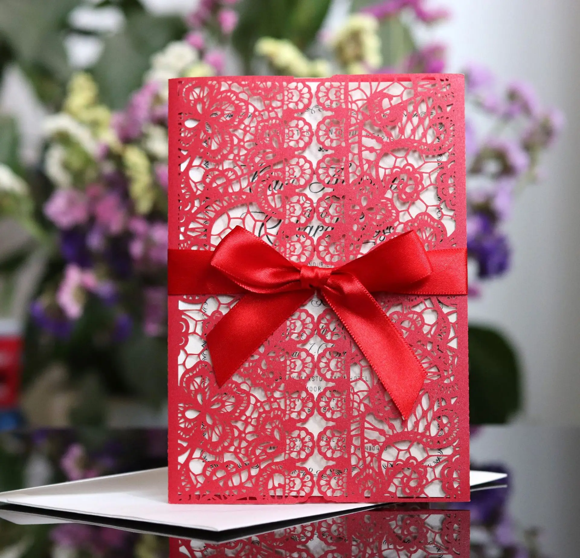  10pcs Wedding Invitation Laser Cutout Color Shell Bow Ribbon Tri-fold Wedding Party Thanksgiving Ho - 4.00027E+12