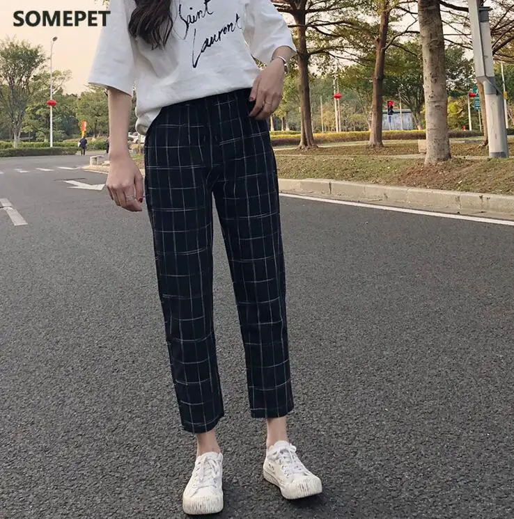 

New women's Korean version of the wild-style wide loose lattice student Harlan cropped pants