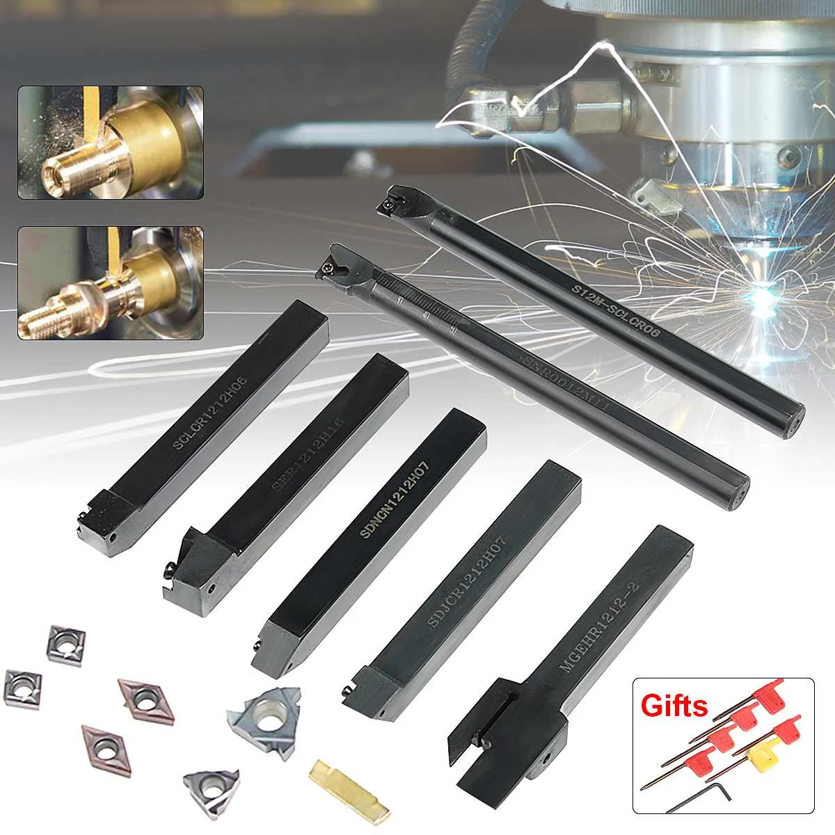 

PVD Carbide Inserts Metal Plastic 12mm Lathe Turning Tool Holder Boring Bar Set