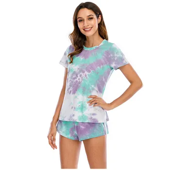 

Pijamas Women Sets Tie-dye Print Shorts Pajamas Home Wear Short Sleeve Tracksuit Nightwear Sleepwear Set Nightgown Ropa Mujer