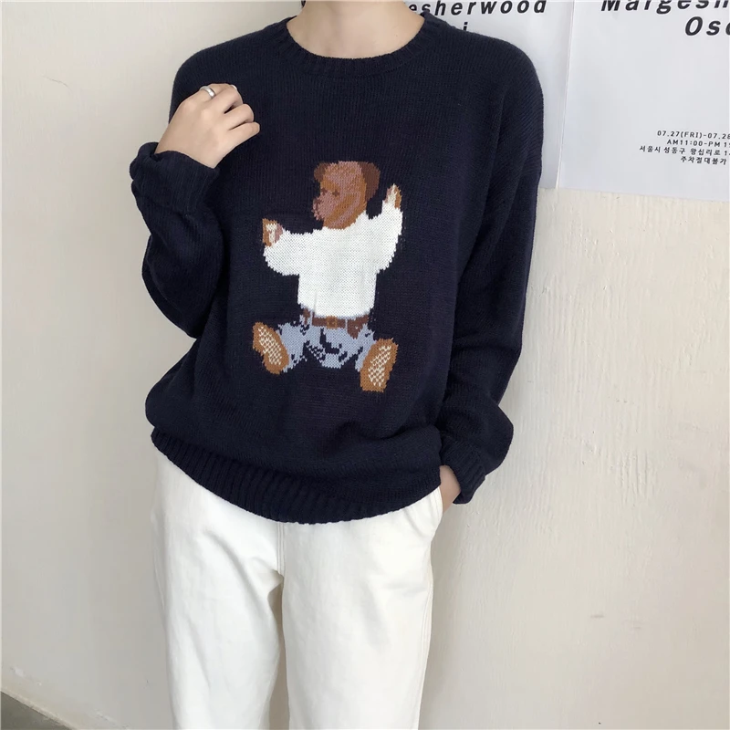 

2020 autumn and winter new arrival korean style o neck cartoon bear knitted sweaters womens pullovers womens