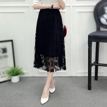 

Summer female waist A LINED skirts long section of elastic lace veil pleated black skirt lace skirts