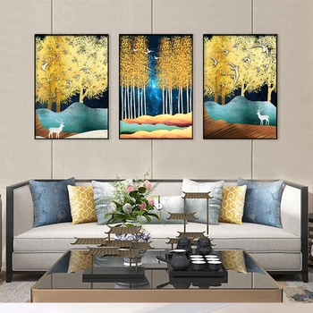 

Modern Canvas Painting Poster Print Golden Leaf Fly Bird Bailu Picture Wall Art Nordic Abstract Decor Posters for Living Room