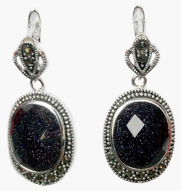 free shipping Vintage 925 A Jewelry Natural Blue Sand Stone Marcasite Earrings 11/2" image_2