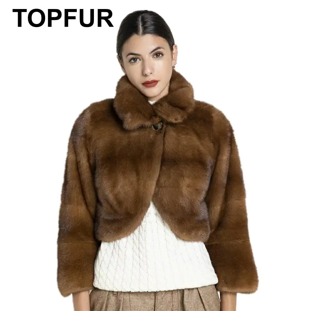 TOPFUR, новинка, коричневая норковая шуба, женская зимняя шуба с воротником с отворотом, натуральный мех норки, Короткая свободная шуба