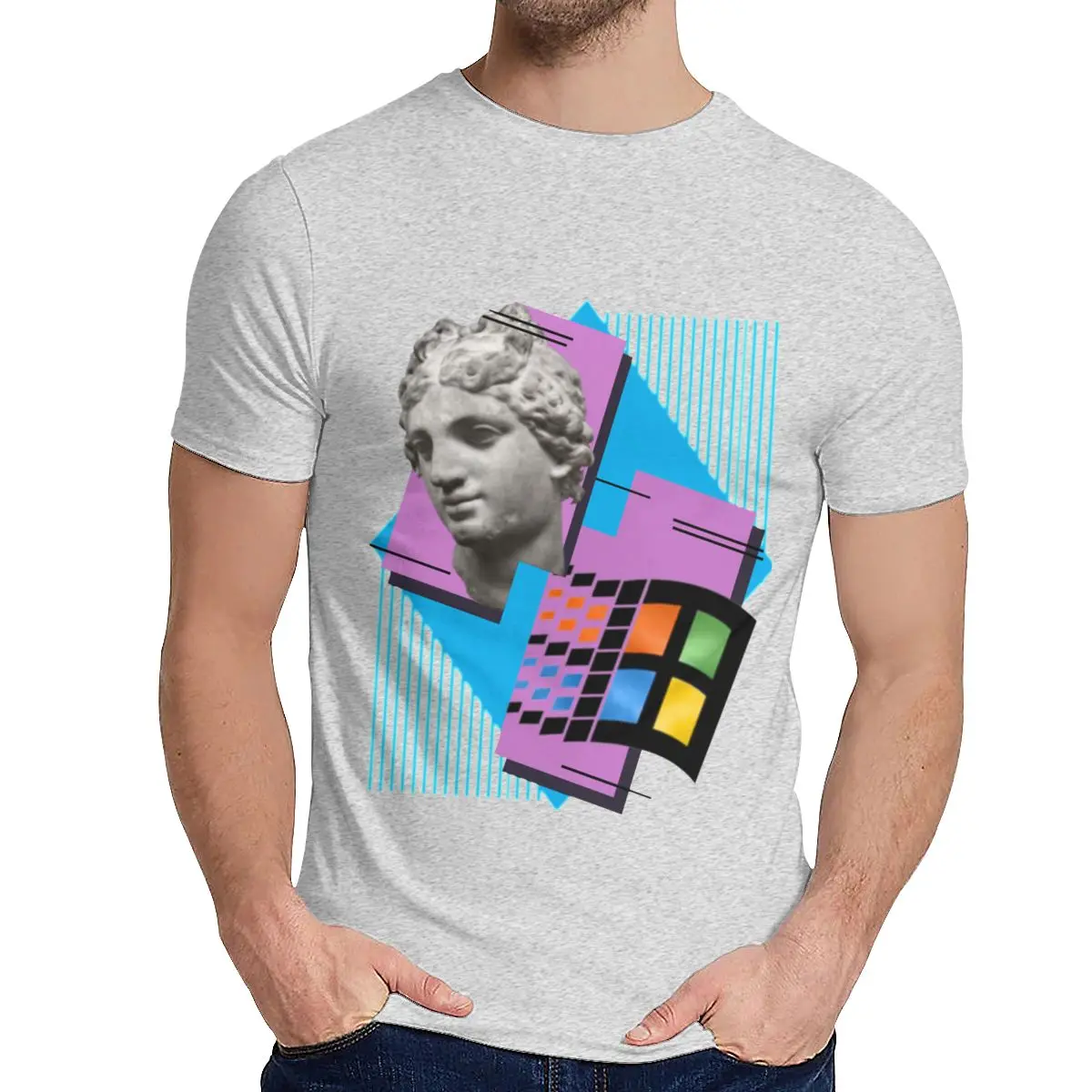 Vaporwave Windows 95 1995 Ретро музыкальная футболка с круглым воротником для отдыха Аниме для мужчин хлопок размера плюс футболка - Цвет: Серый