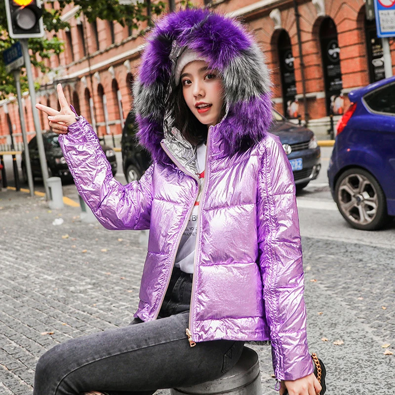 

2019 Glossy Winter Down Cotton Padded Jacket For Women Thick Bright Purple Short Shiny Jacket Yellow Green Silver Cotton Parkas