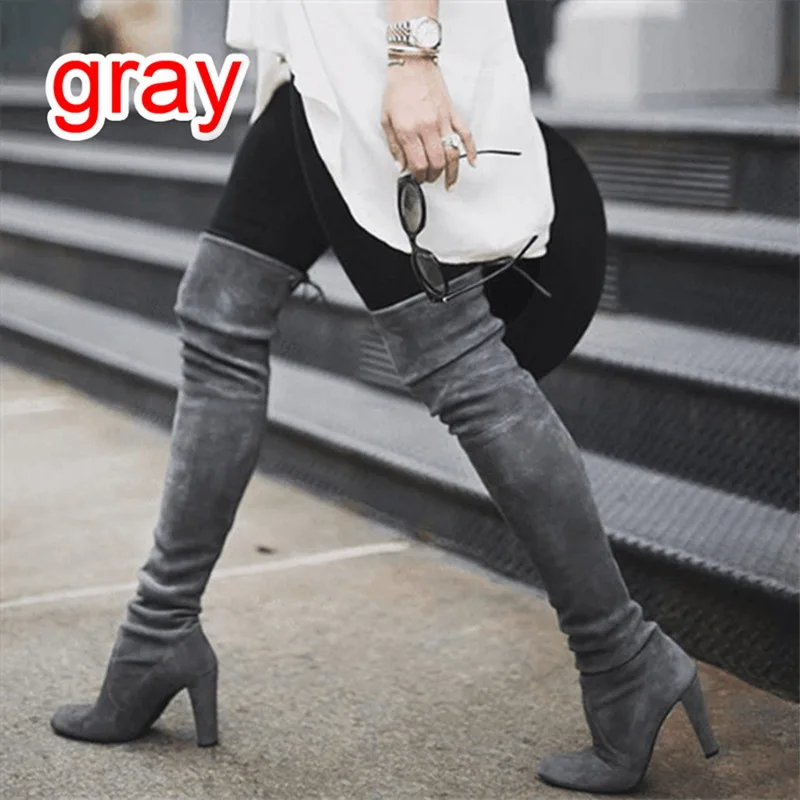 HEFLASHOR Women Over The Knee High Boots Slip on Winter Shoes Thin High Heel Pointed Toe All Match Women Boots Size 35-43 - Цвет: gray 1