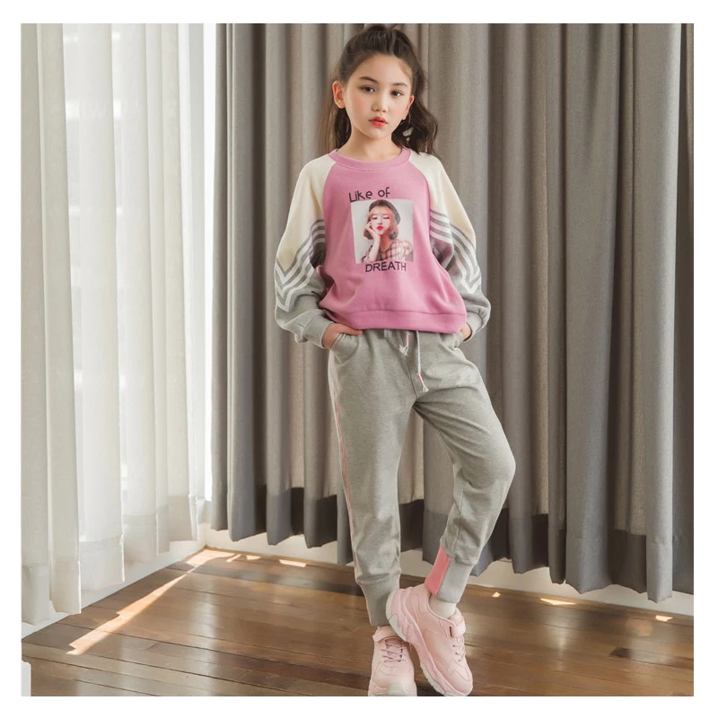 Модный свитер с длинными рукавами для девочек-подростков осенний хлопковый комплект одежды из двух предметов в Корейском стиле - Цвет: Розовый