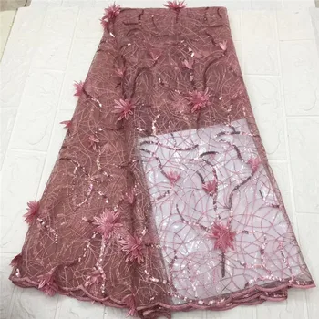 

2020 New Design African 3d flower pink Lace Fabric Wholesale French Lace Fabric High Quality Nigerian Tulle Sequins Lace Fabric
