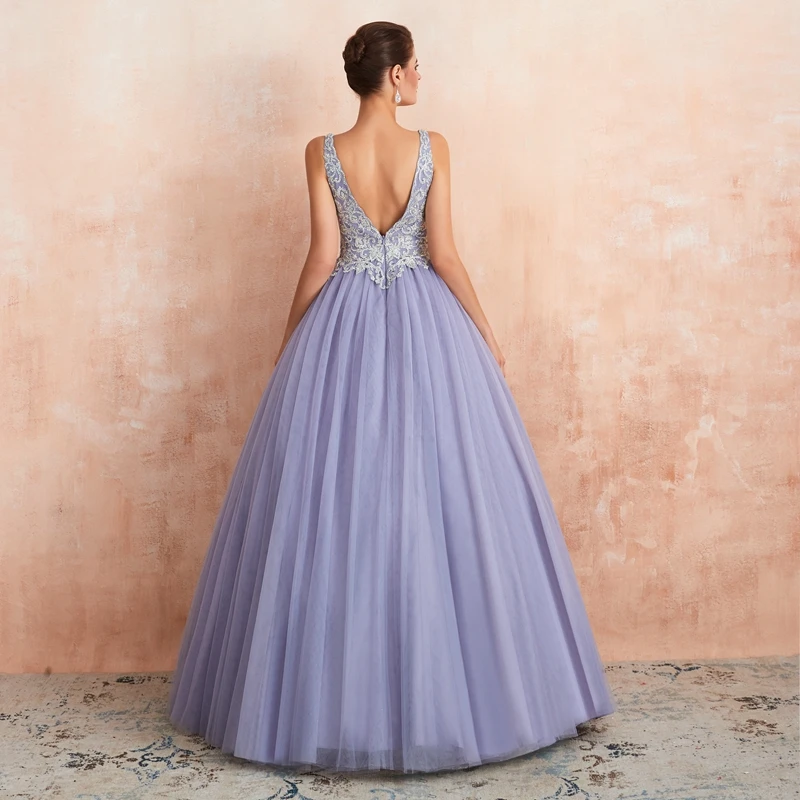 Light Purple Sleeveless A-Line Evening Dresses Applique V Neck Floor Length Long Backless Formal Party Gowns robe de soiree