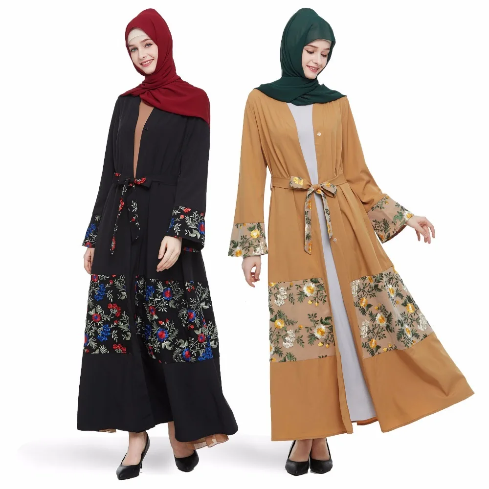 Elegant Muslim Embroidery Abaya Mesh Maxi Dress Cardigan Long Robes Kimono Jubah Ramadan Eid Arabic Dubai Caftan Islamic Prayer