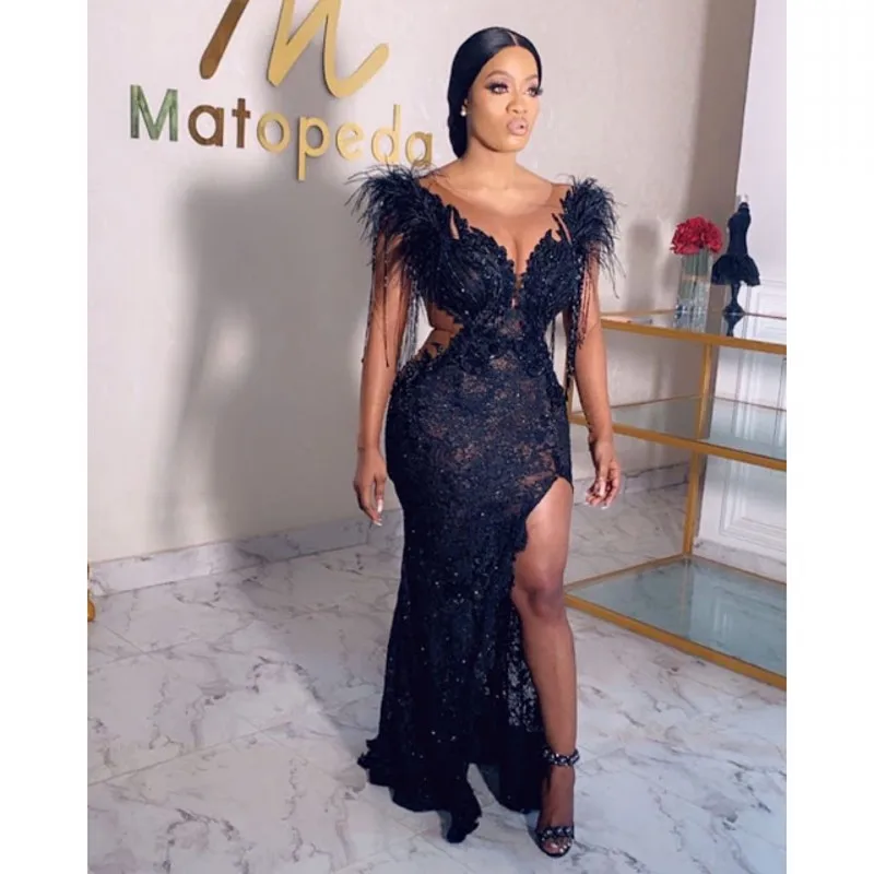 Aso Ebi вечернее платье abiye gece elbisesi vestido de festa See Thru Africa вечернее платье перо вечерние платья с аппликацией сплит