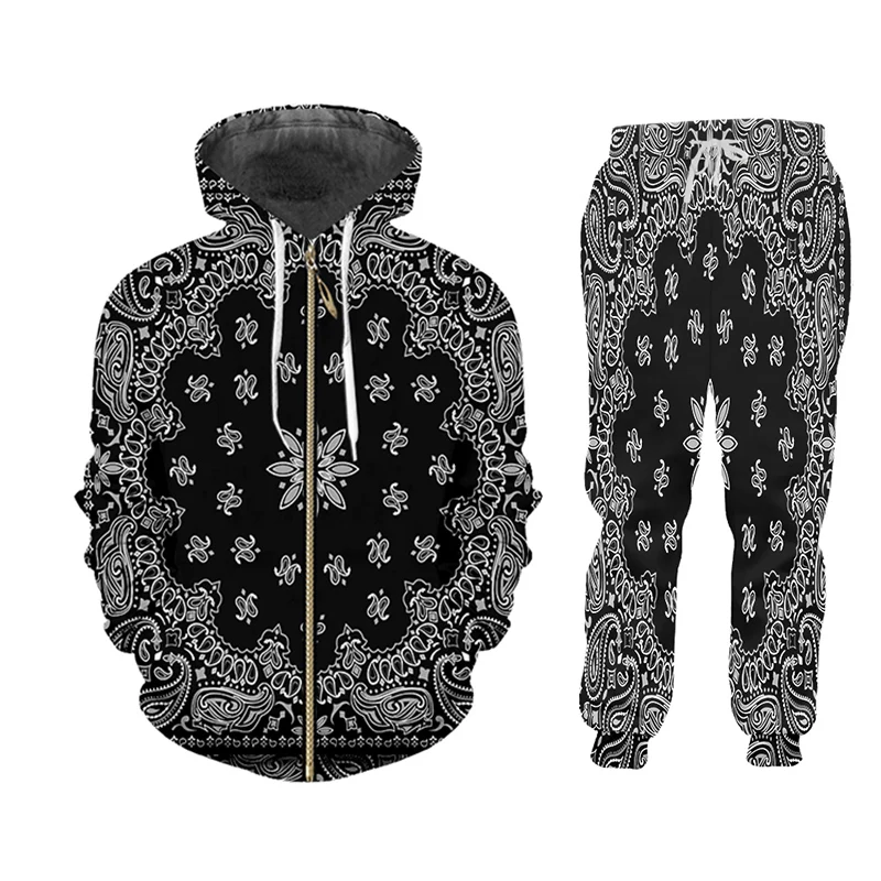 CJLM Men/Women 2 Pcs Sportsuit Sets Fashion Long Sleeve 3d Black Pattern Print Hoodies+Pants Set Unisex Zipper Tracksuit Custom